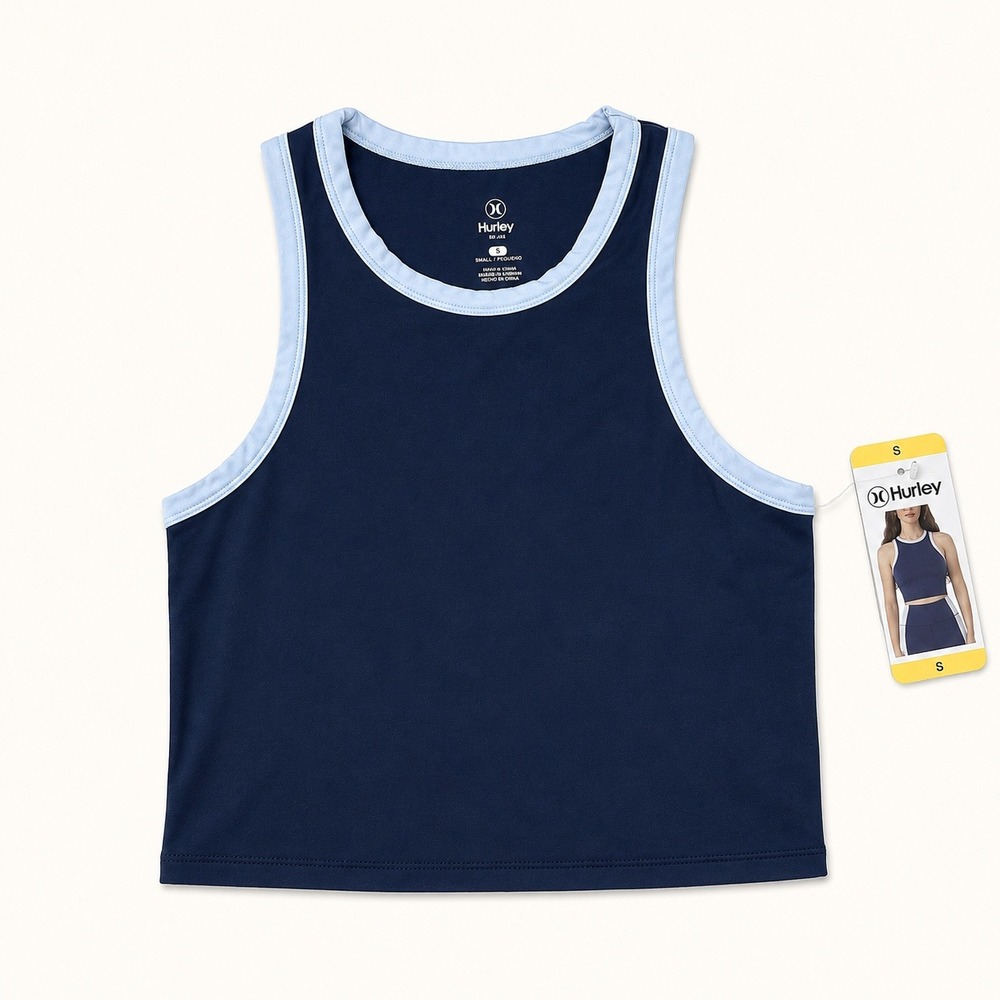 Hurley Womens Navy Blue Contrast Trim Athletic Crop Top Tank Small NWT